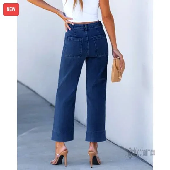 High Waisted Wide Leg Cropped Jeans Stretchy Denim Retro Patch Pockets